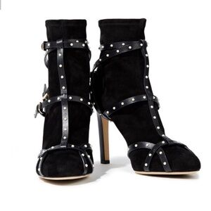 Jimmy Choo Brianna 100 UTH Black Stretch Suede/Black Leather/White Pearls
